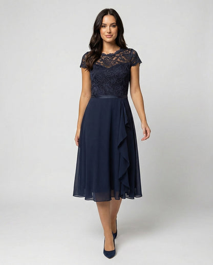 Women's Ribbon Waist Lace Chiffon Midi Dress