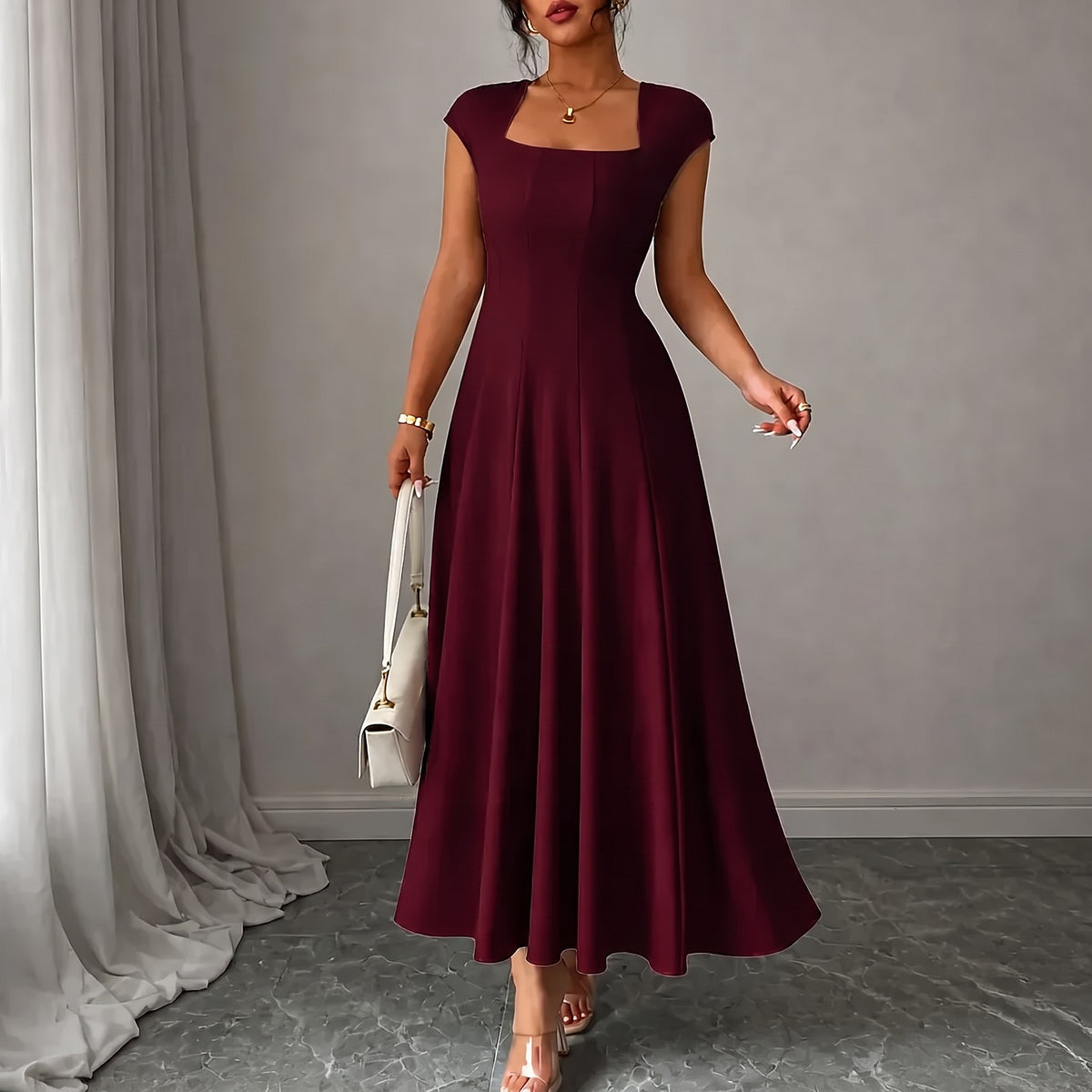 Women's Cap Sleeve Square Neck Midi Dress