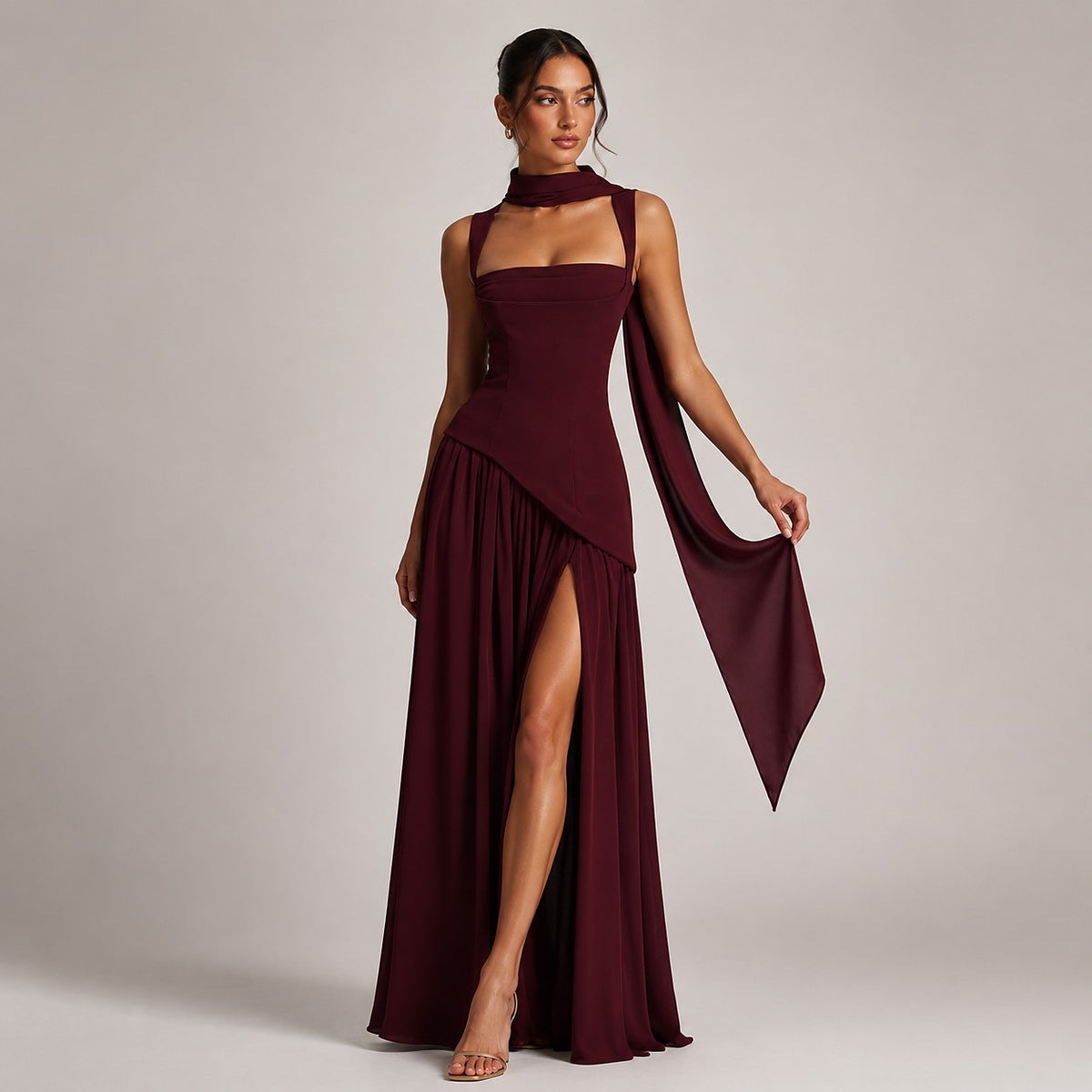 Women's Draped Maxi Dress with Side Slit