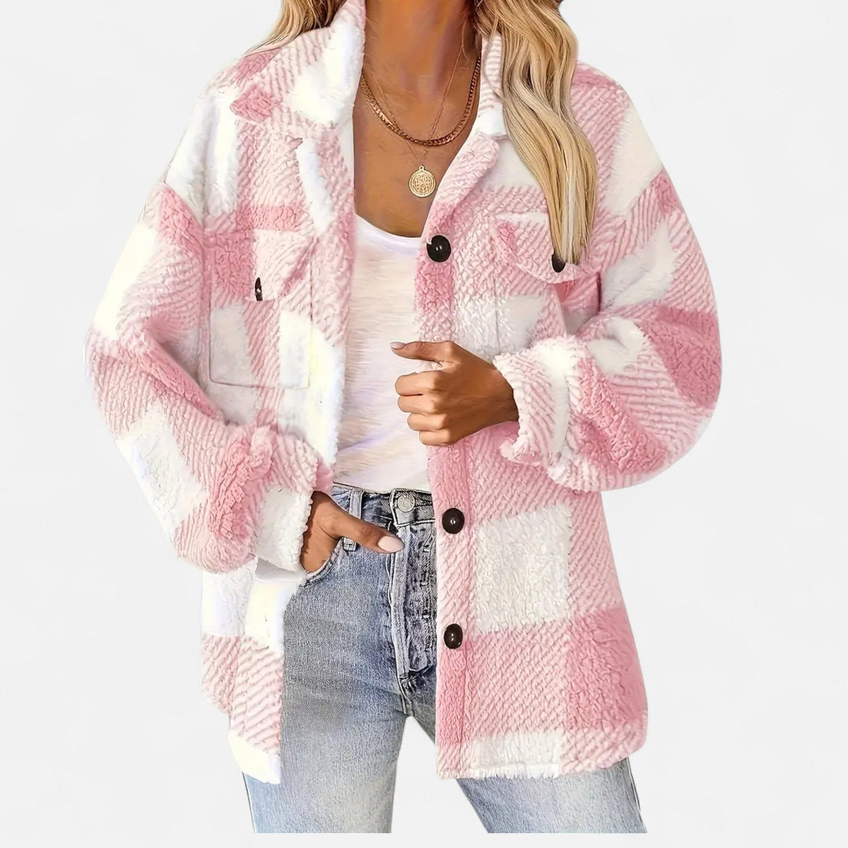 Women's Plaid Teddy Shacket with Buttons