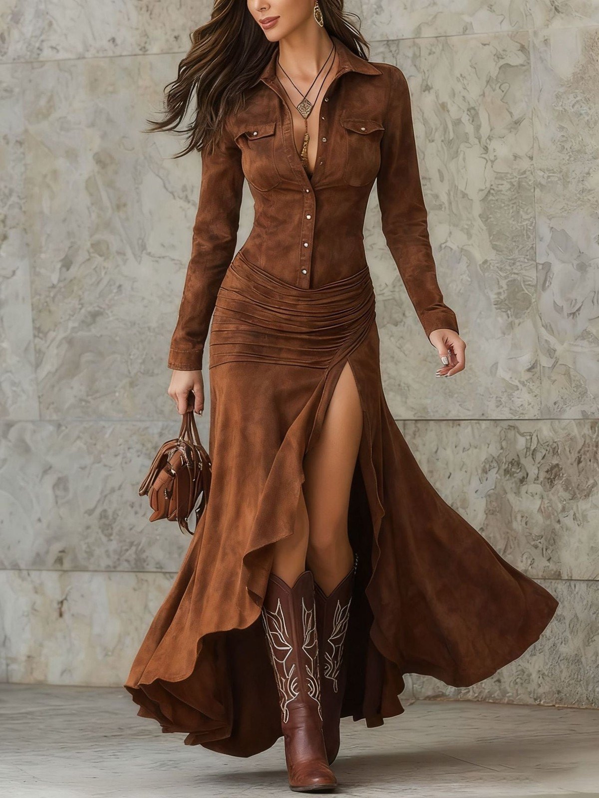 Women's Faux Suede Vintage Neckline Evening Gown