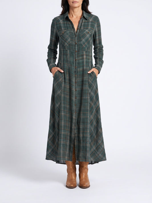 Women's Button Front Plaid Maxi Dress