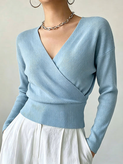 Women's Ribbed Wrap V Neck Sweater