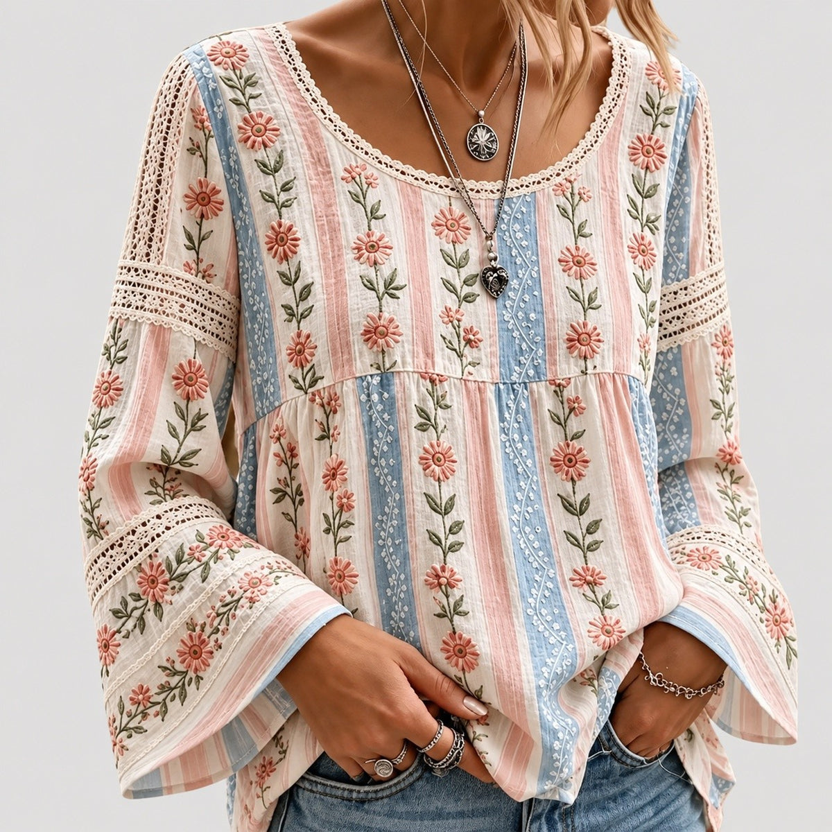 Women's Boho Embroidered Long Sleeve Blouse
