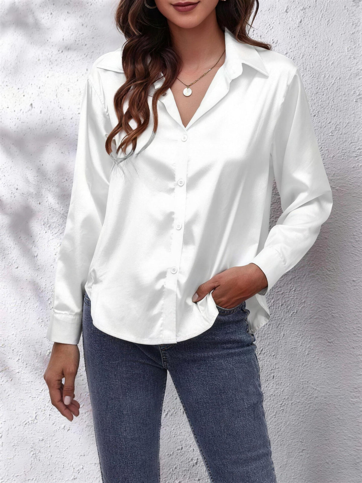 Women's Collared Satin Shirt with V Neck