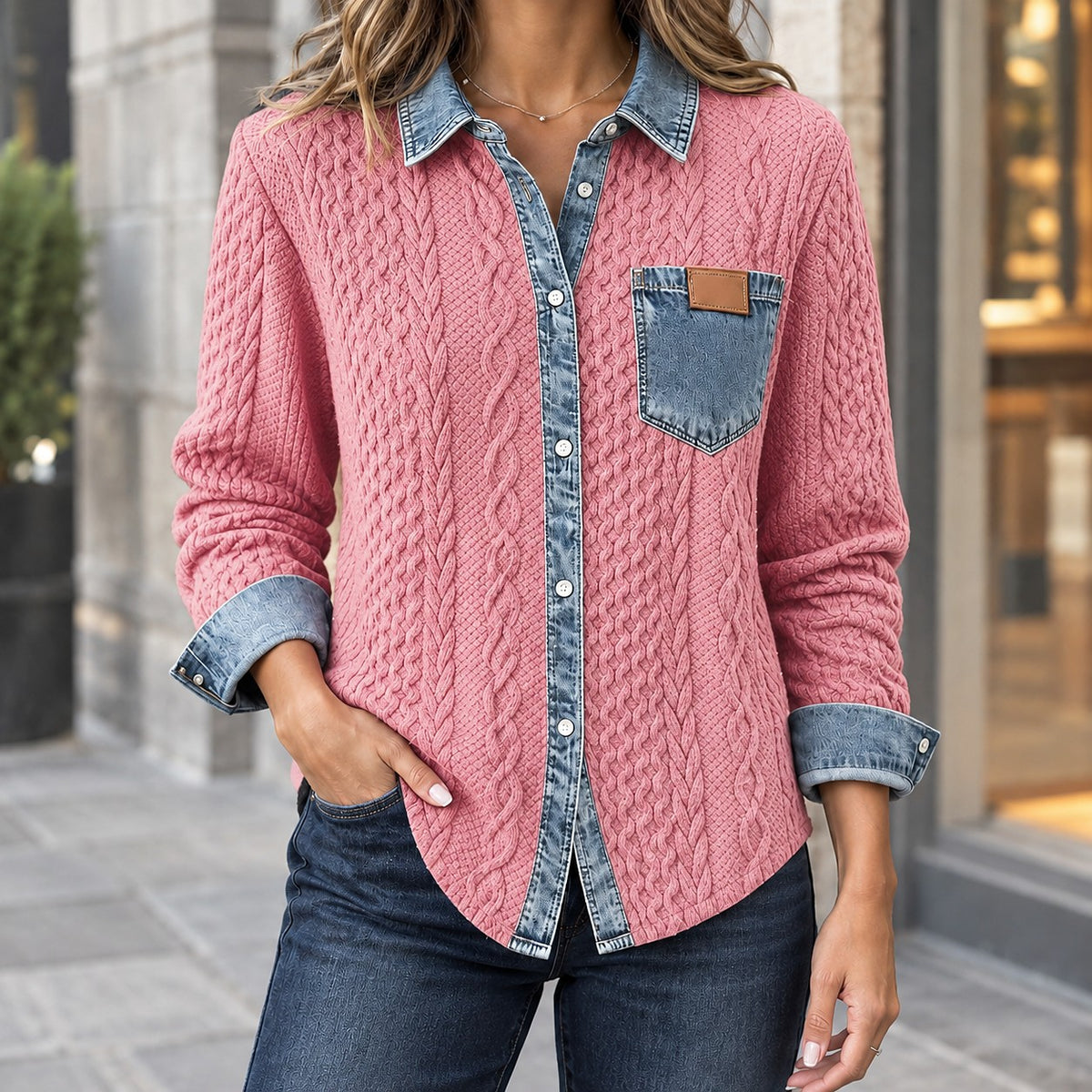 Women's Denim Look Collar Cable Knit Shirt