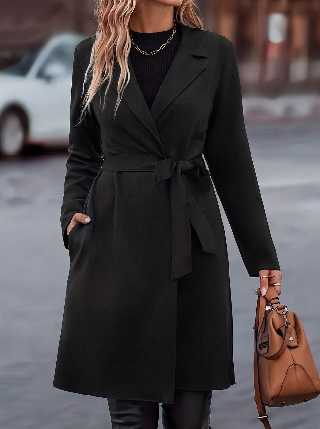 Women's Long Belted Coat with Notch Lapel