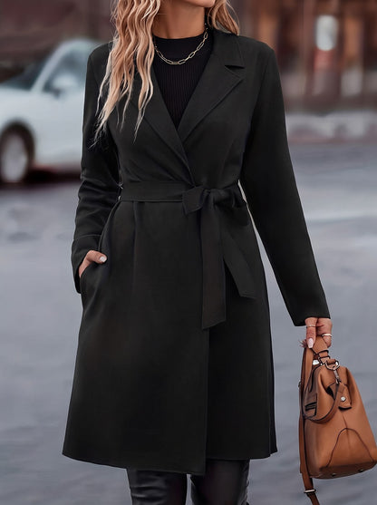 Women's Long Belted Coat with Notch Lapel