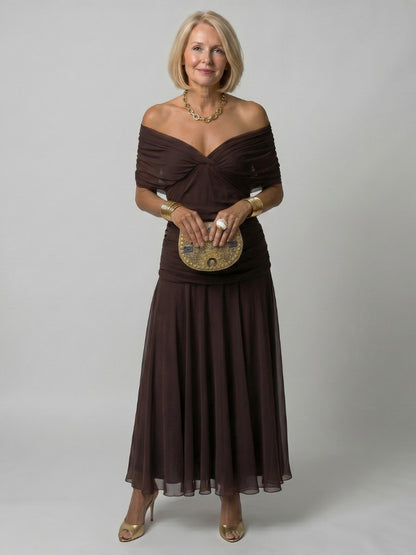 Women's Off Shoulder Ruched Bodice Midi Dress