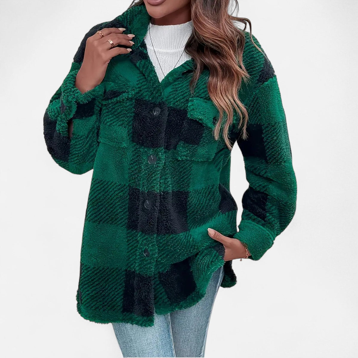 Women's Plaid Teddy Shacket with Buttons