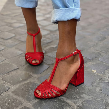 Women's Block Heel Strappy Sandals with Buckle