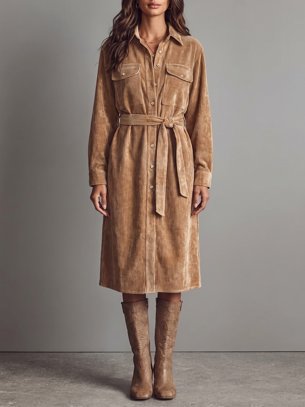 Women's Long Sleeve Shirt Dress with Belt