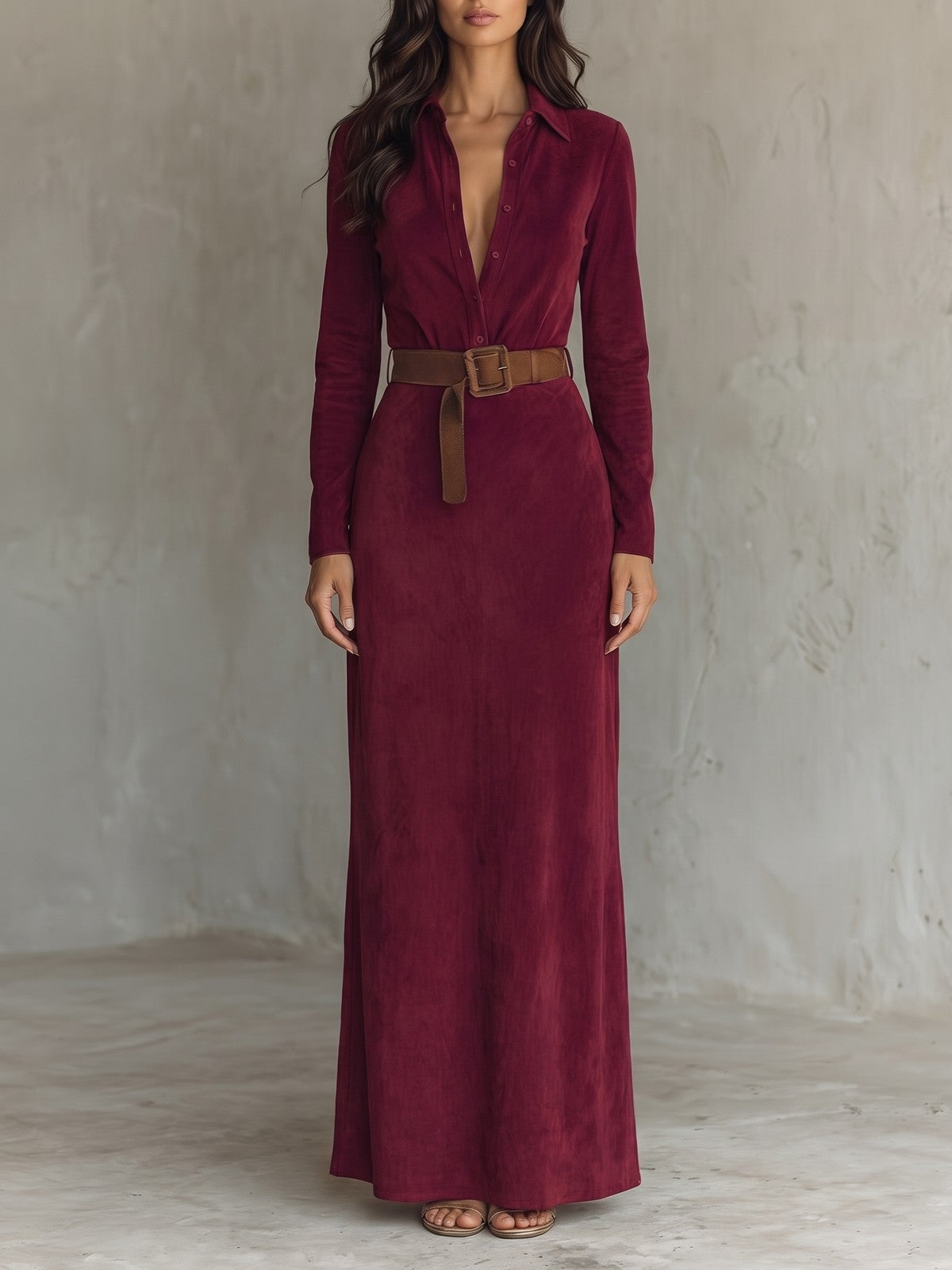 Women's Faux Suede Belted Maxi Dress