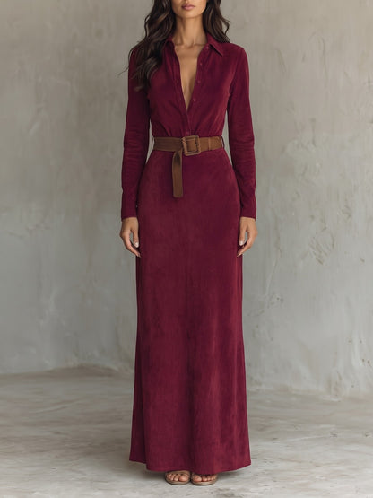 Women's Faux Suede Belted Maxi Dress