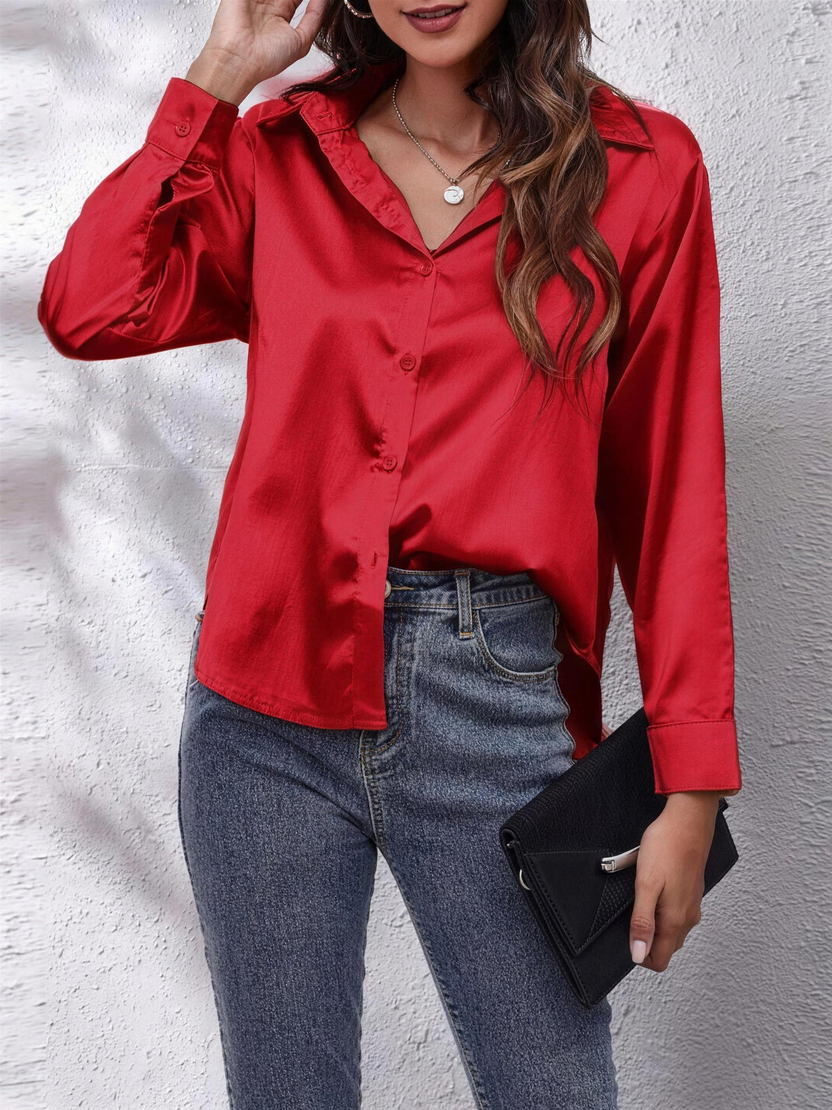 Women's Collared Satin Shirt with V Neck