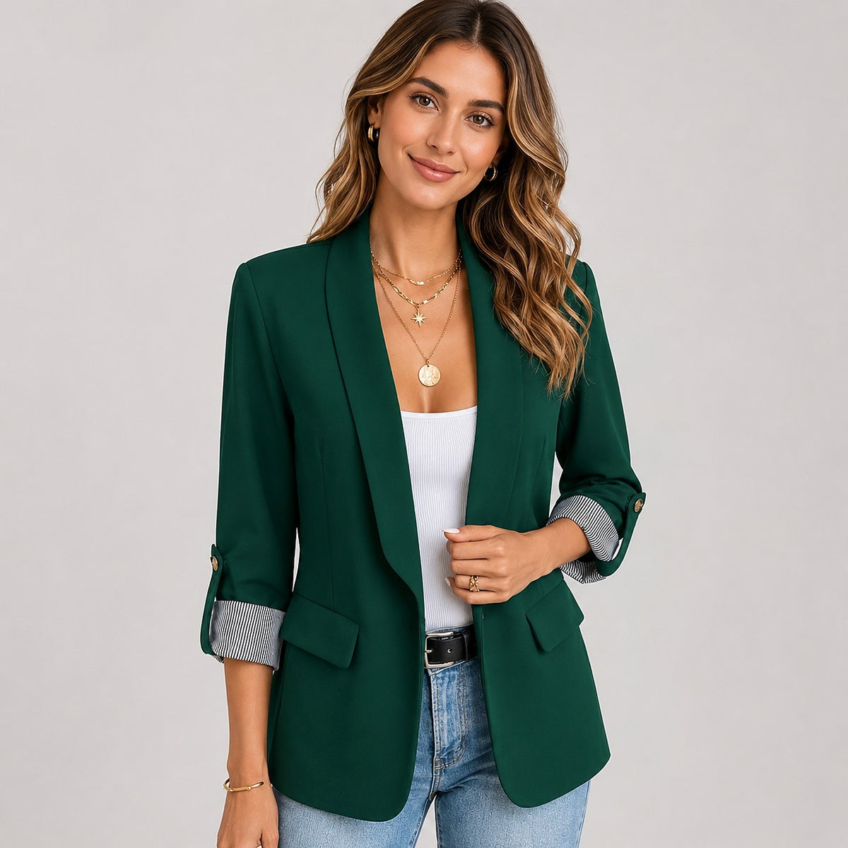 Women's Roll Up Sleeve Open Front Blazer