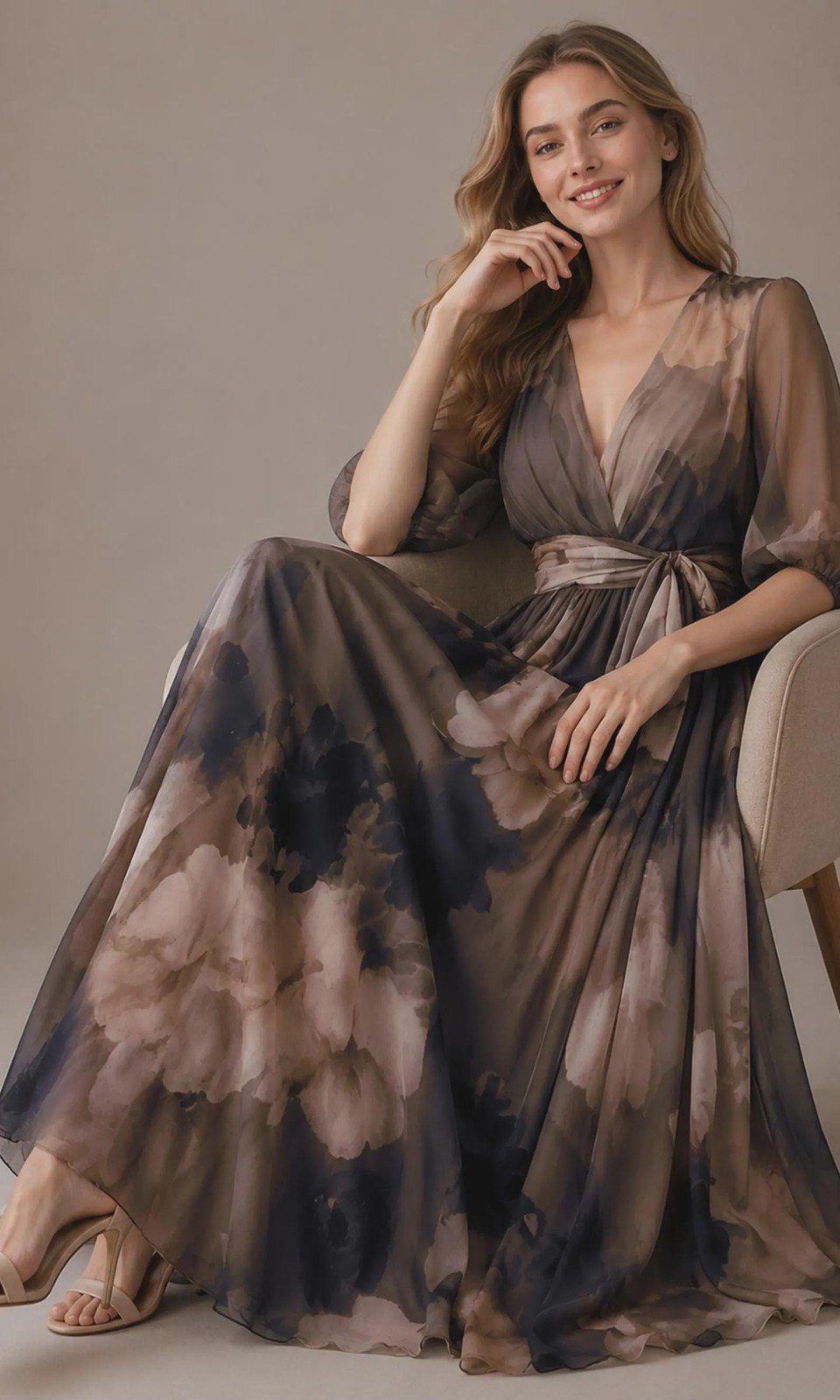 Women's Wrap Floral Vintage Neckline Evening Dress