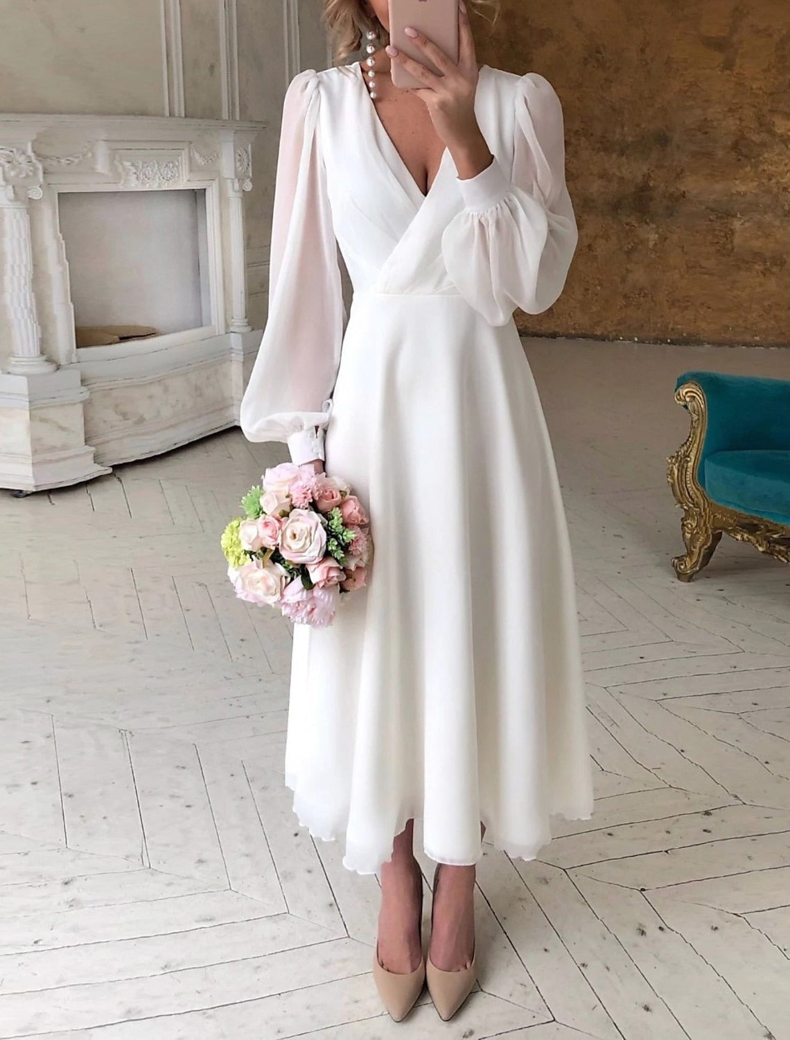 Women's Long Sleeve V Neck Midi Dress