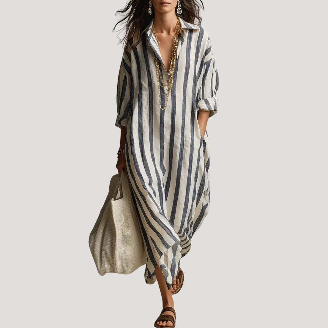 Women's Loose Striped Maxi Shirt Dress