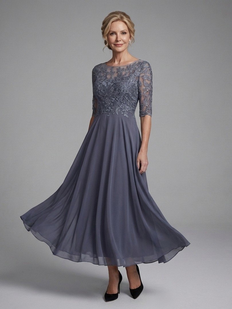 Women's Lace Bodice A-Line Chiffon Dress