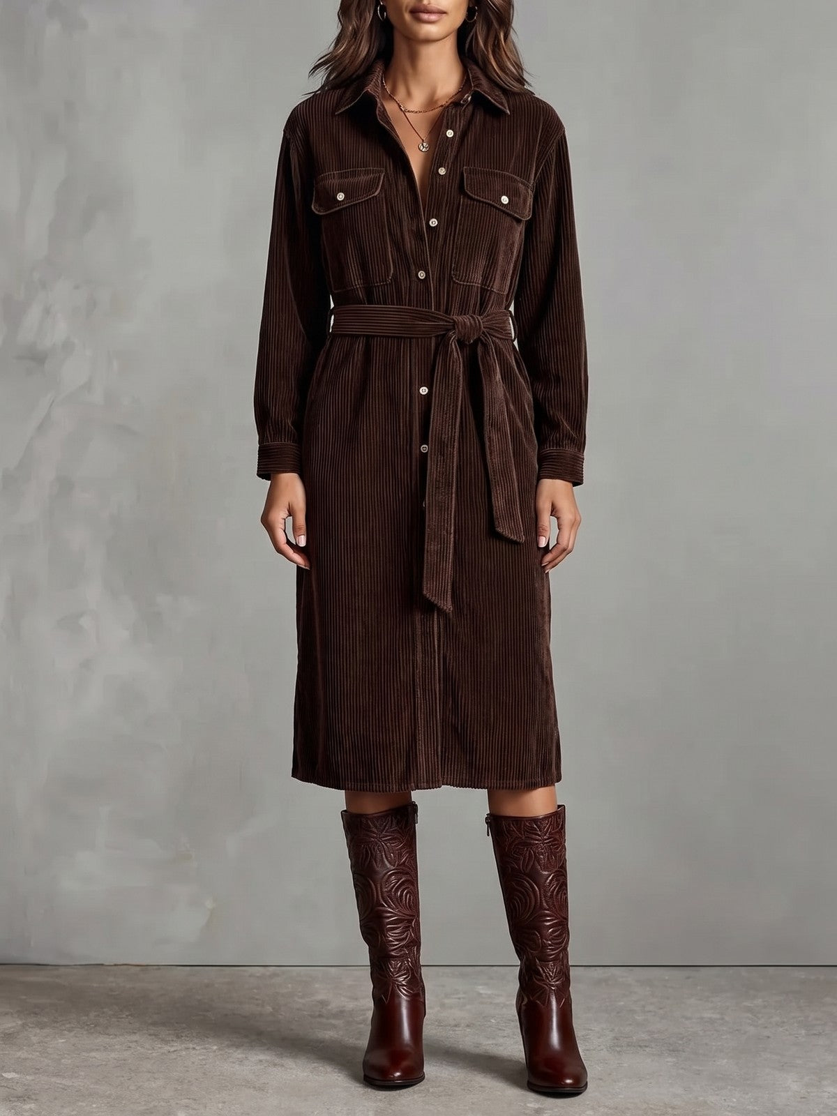 Women's Long Sleeve Shirt Dress with Belt