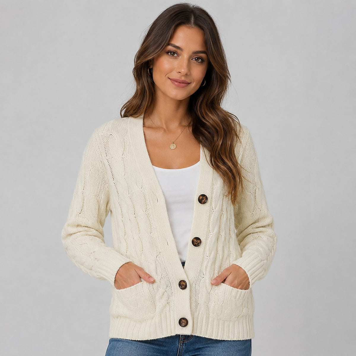 Women's V Neck Cable Knit Cardigan