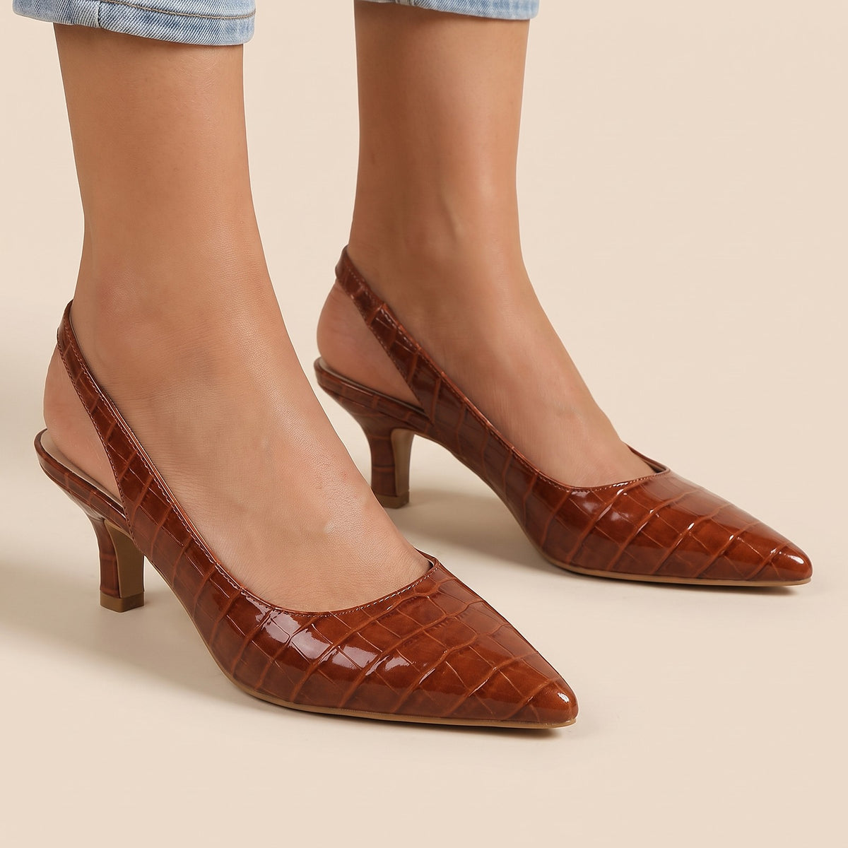 Women's Lower Heel Croc Pointed Slingback Pumps