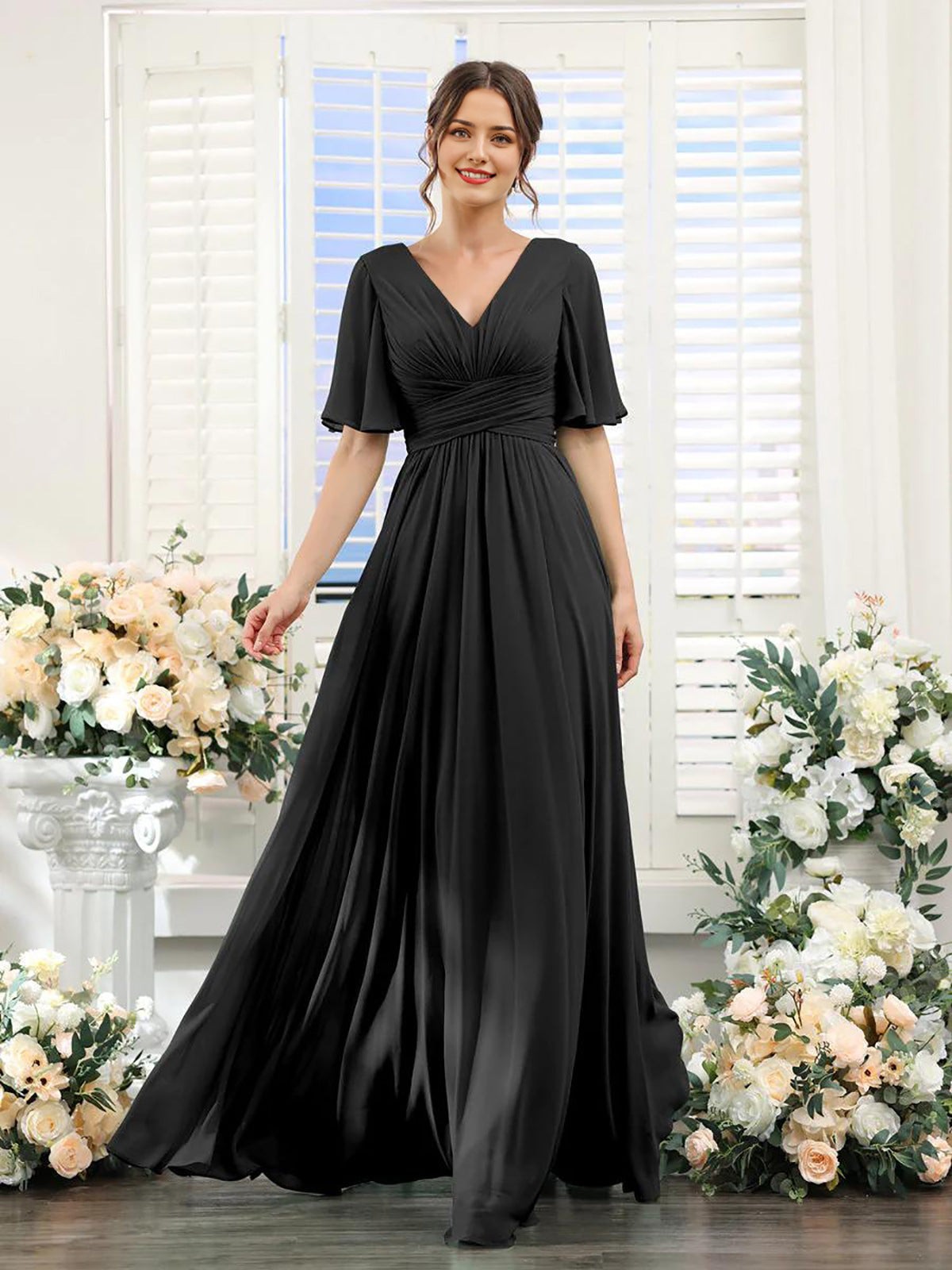 Women's Chiffon Maxi Dress with Flutter Sleeves