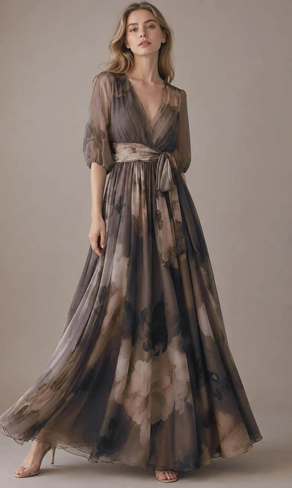 Women's Wrap Floral Vintage Neckline Evening Dress