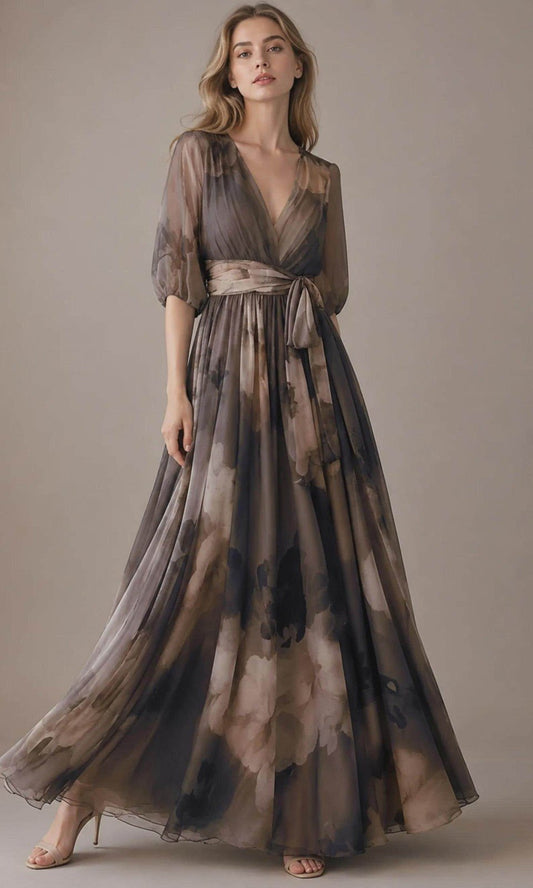 Women's Wrap Floral Vintage Neckline Evening Dress
