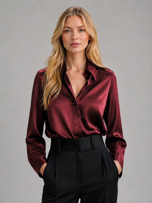 Women's Long Sleeve Collared Satin Blouse