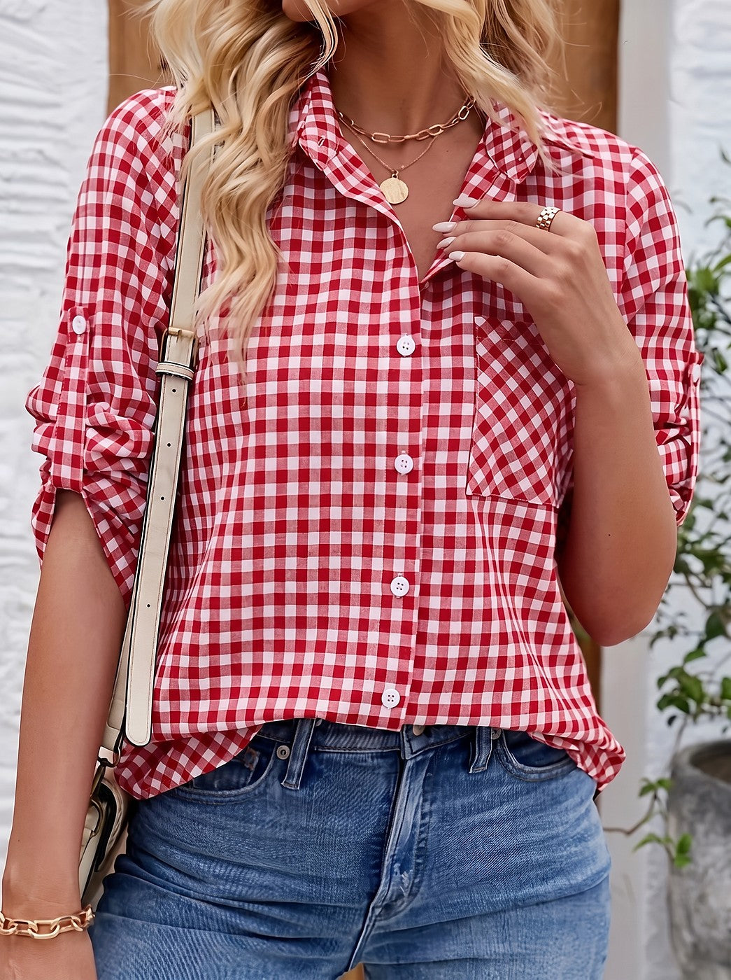 Women's Checkered Button Down Shirt Long Sleeve