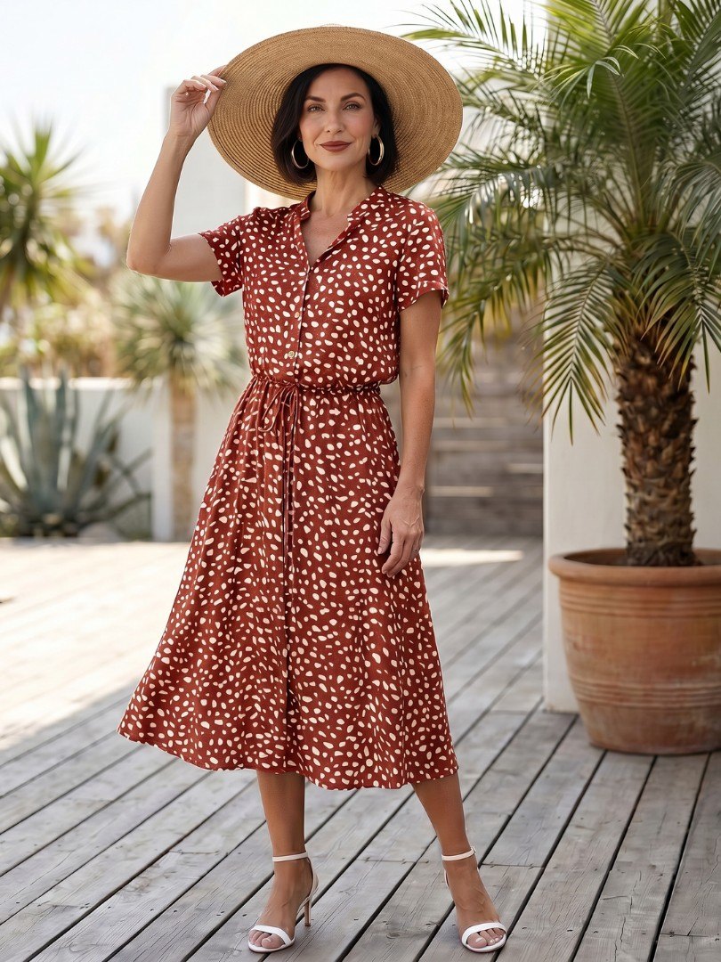 Women's Dot Print Button Front Midi Dress