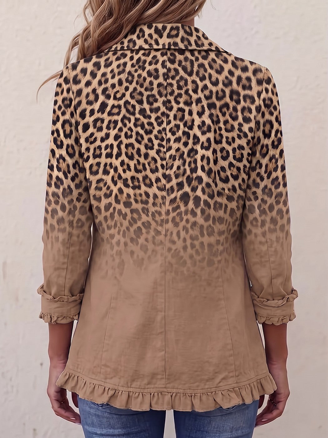 Women's Collared Leopard Jacket Ruffle Hem
