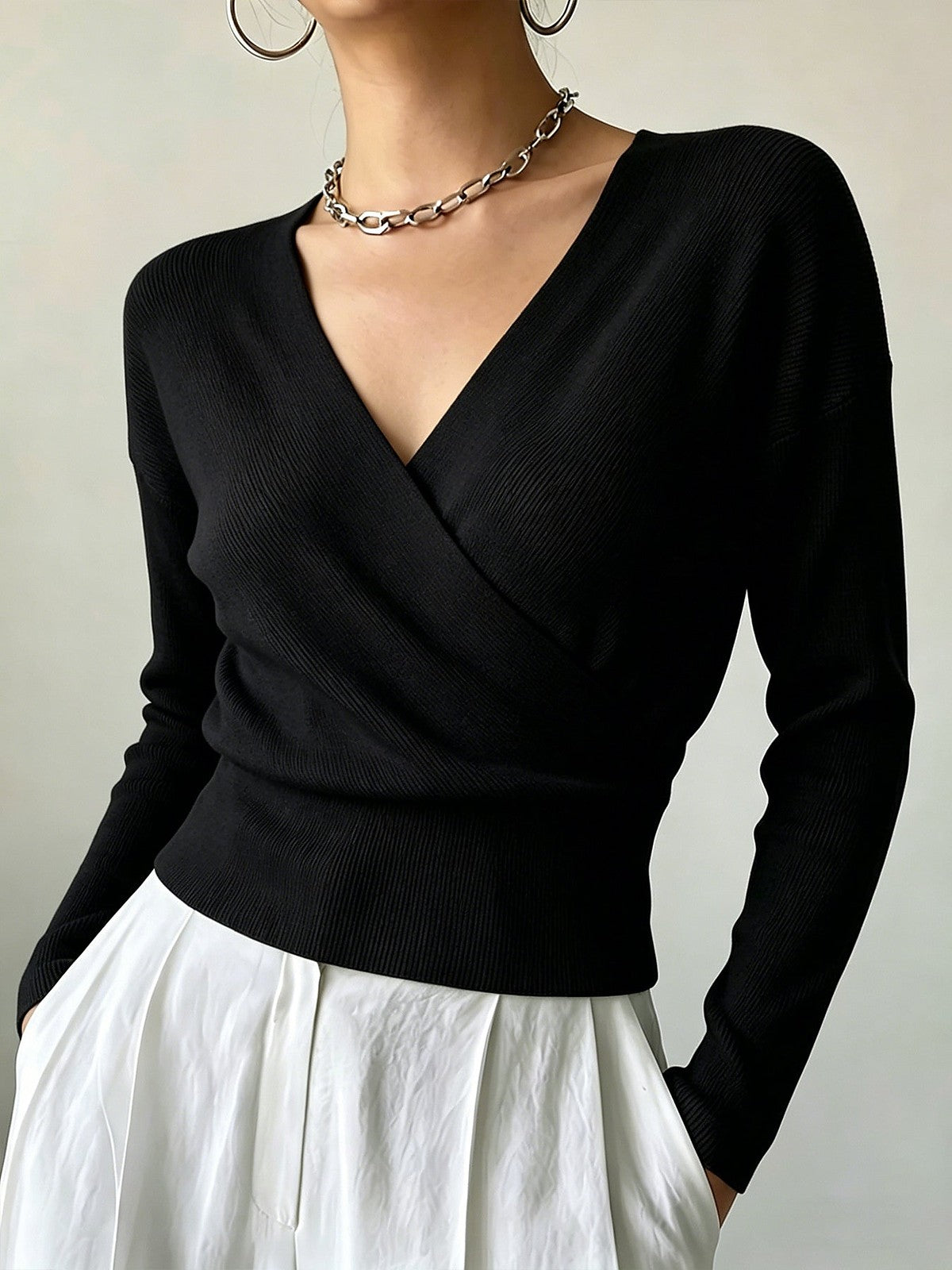 Women's Ribbed Wrap V Neck Sweater