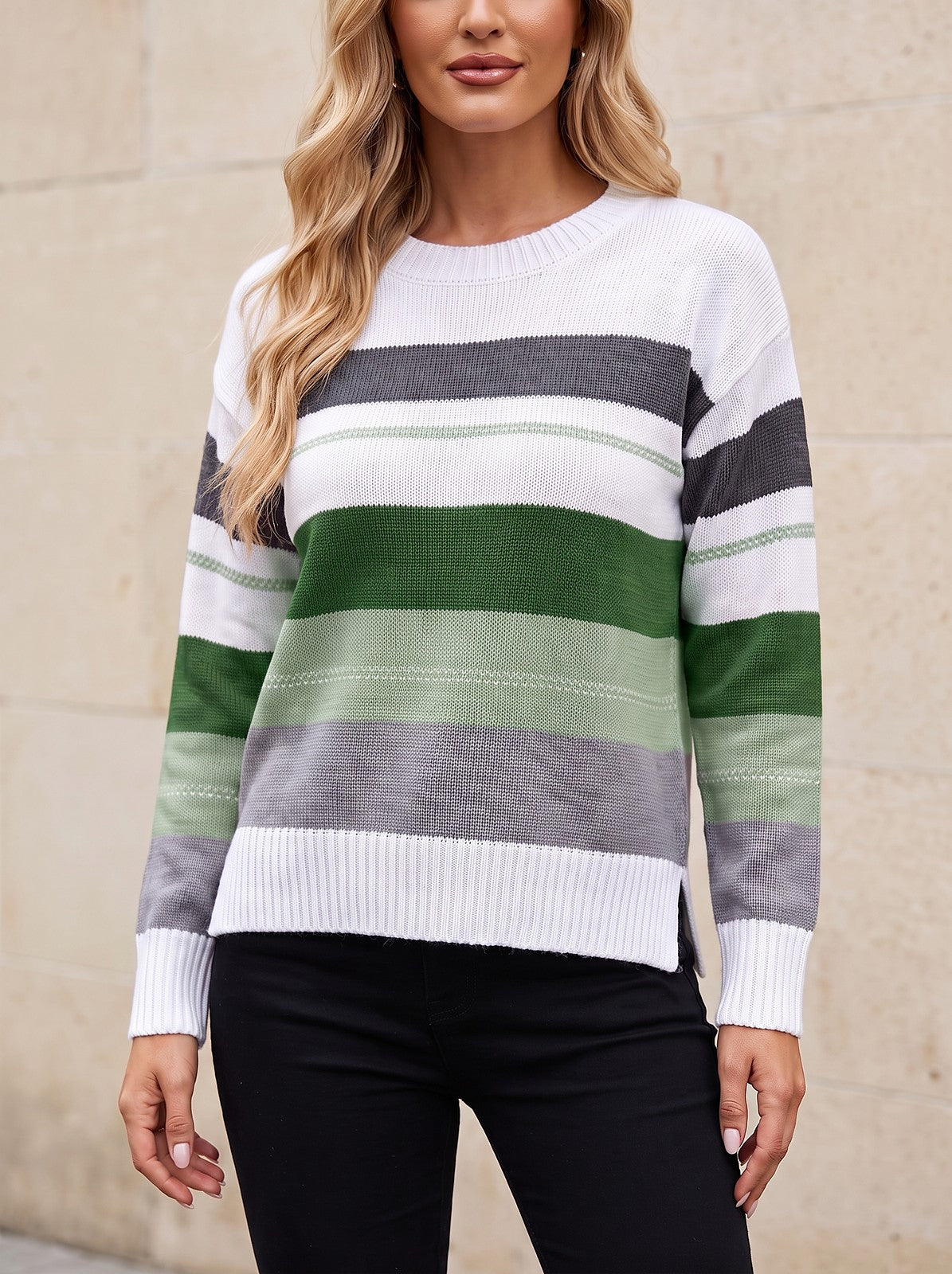 Women's Striped Crew Neck Pullover Sweater