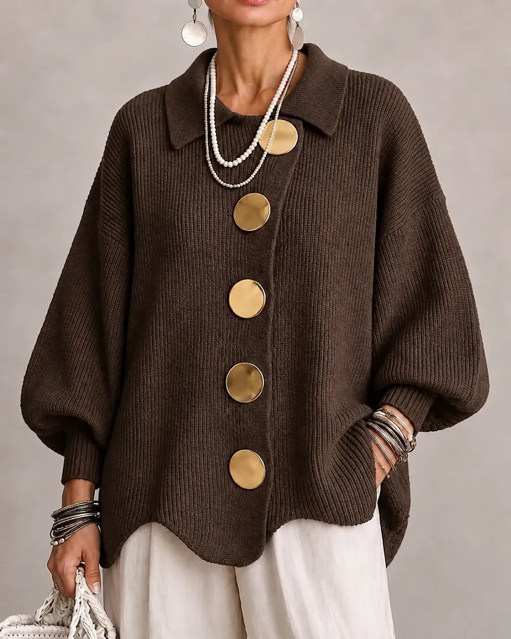 Women's Chunky Grandpa Cardigan with Collar
