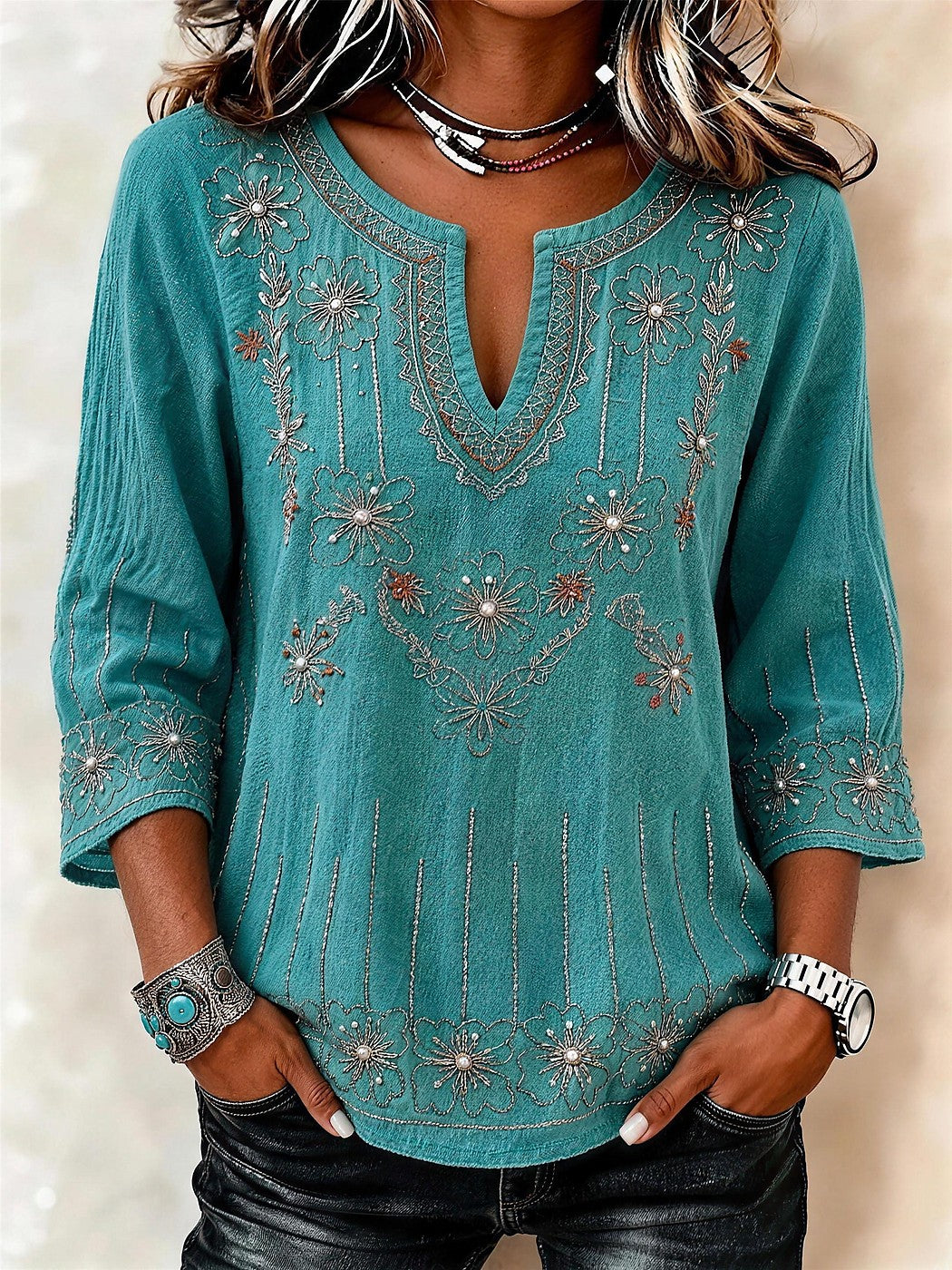 Women's Embroidered Blouse with 3/4 Sleeves