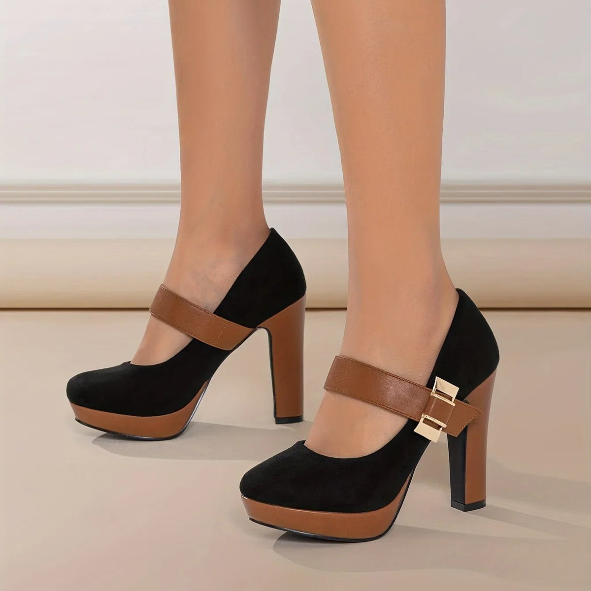 Women's Double Buckle Platform Block Heel Pumps