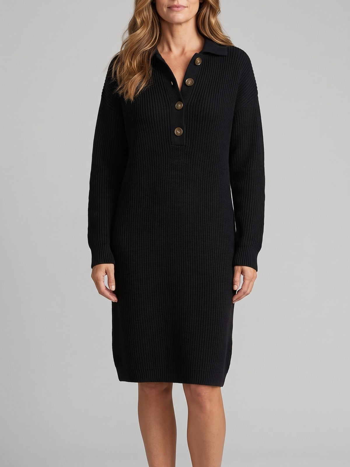 Women's Ribbed Sweater Dress with Button Collar