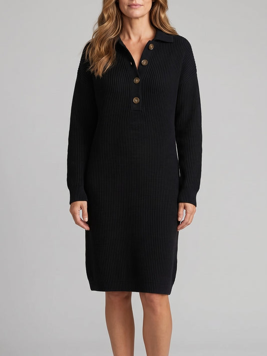 Women's Ribbed Sweater Dress with Button Collar