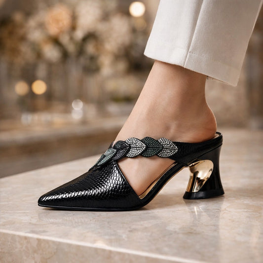 Women's Closed Toe Mules with Crystal Leaves
