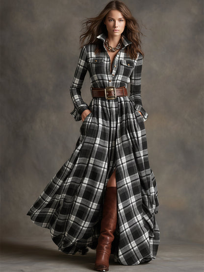 Women's Long Sleeve Plaid Maxi Dress