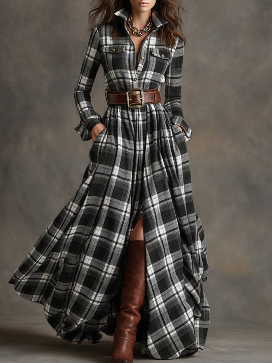 Women's Long Sleeve Plaid Maxi Dress