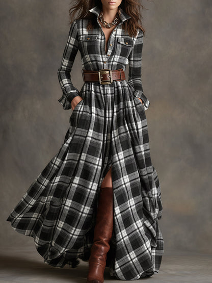Women's Long Sleeve Plaid Maxi Dress