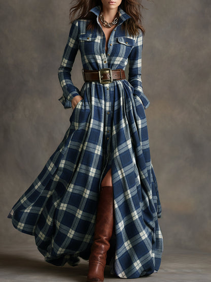 Women's Long Sleeve Plaid Maxi Dress