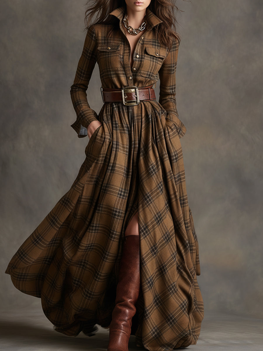 Women's Long Sleeve Plaid Maxi Dress
