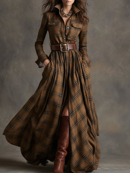 Women's Long Sleeve Plaid Maxi Dress