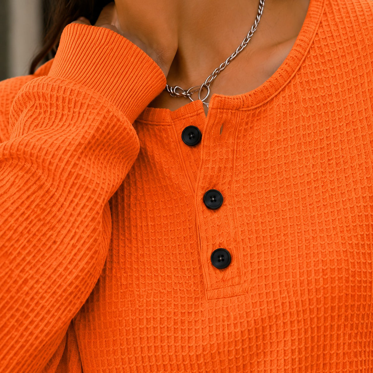 Women's Waffle Knit Sweater with Button Neck
