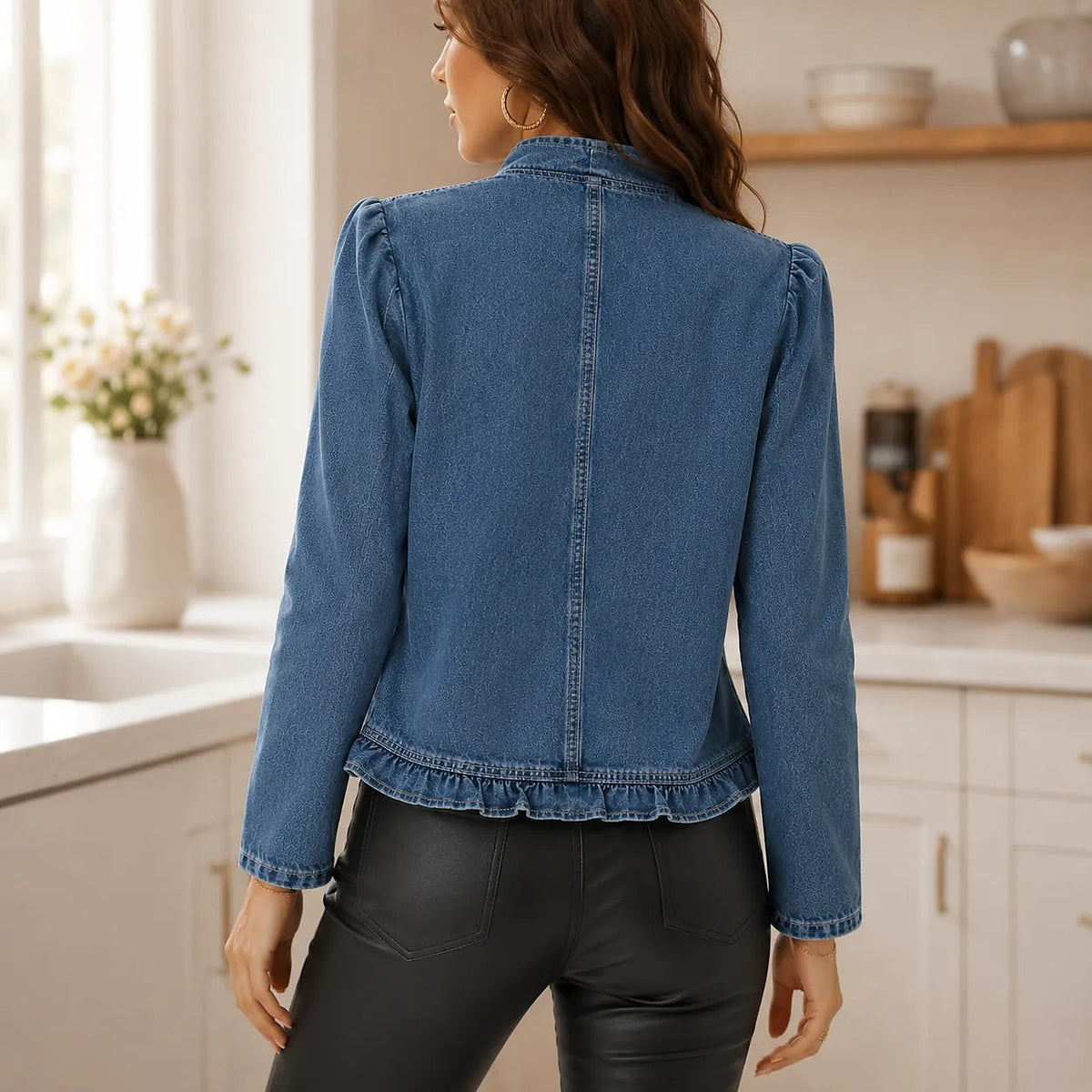 Women's Cropped Ruffle Trim Denim Look Jacket